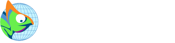 Charlyverse-Logo: Buntes Chamäleon vor Globus, Schriftzug CHARLYVERSE.