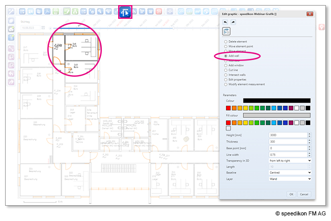 The picture shows the floorplan inside the software with the option to add walls to the floorplan or color the rooms.
