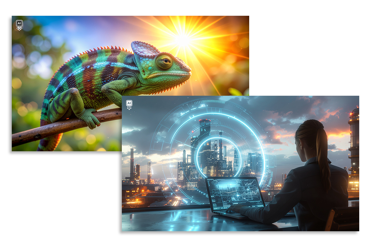 Two AI-generated images: a colorful chameleon on a branch and a futuristic city scene, both labeled with the speedikon Group’s AI symbol.