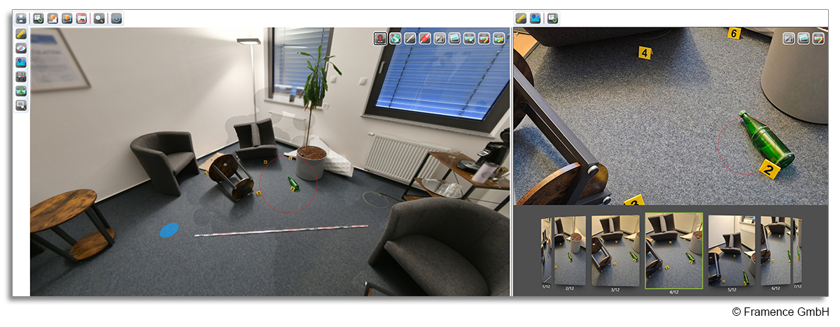 FRAMENCE Benutzeroberfläche zur Analyse eines digital rekonstruierten Tatorts mit markierten Beweisstücken und Messfunktionen.