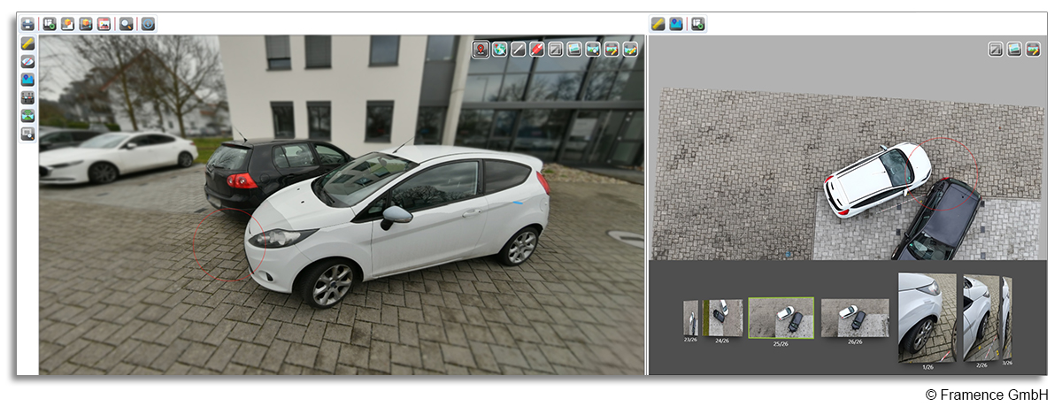 Fotorealistische Rekonstruktion eines Unfallorts in FRAMENCE mit Messfunktionen zur Analyse von Fahrzeugpositionen.