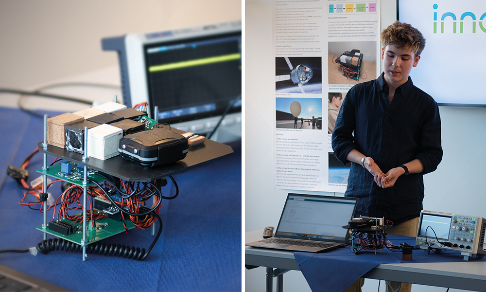 Julian Mayer präsentiert sein selbst entwickeltes Strahlungsmesssystem und die zugehörige Messtechnik bei der speedikon FM-Firmengruppe in Bensheim.