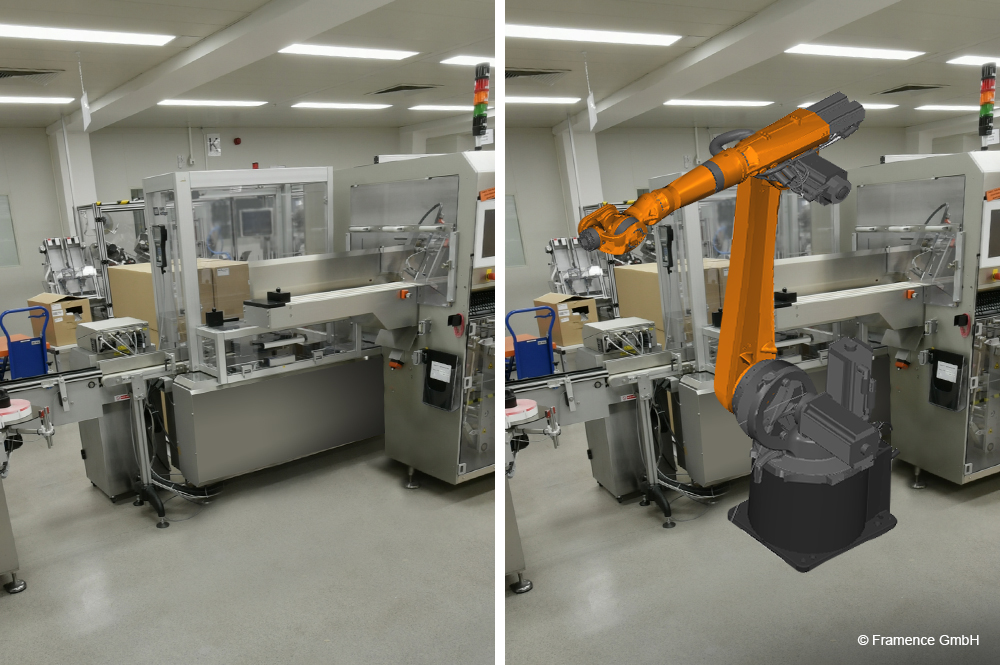 Vergleich einer Produktionsanlage vor und nach der virtuellen Platzierung eines 3D-Robotermodells im digitalen Zwilling.