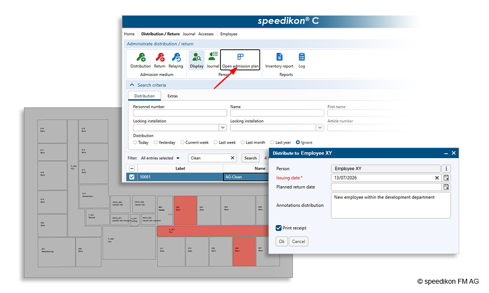 Gestión de llaves en speedikon C mostrando la asignación de un medio de acceso a un empleado y el plano de acceso correspondiente.