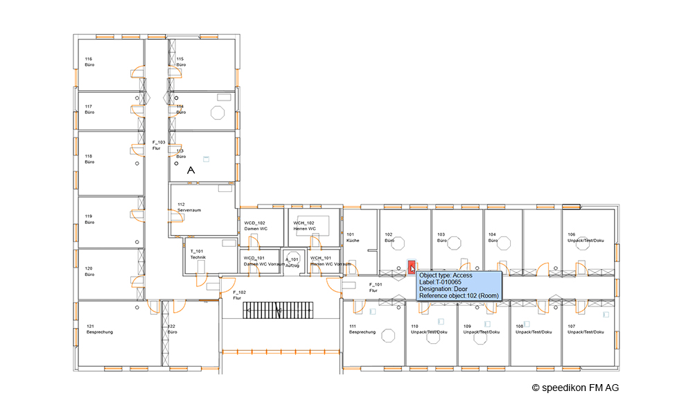 Plano de planta en speedikon C que visualiza las salas y áreas asociadas a una autorización de acceso.