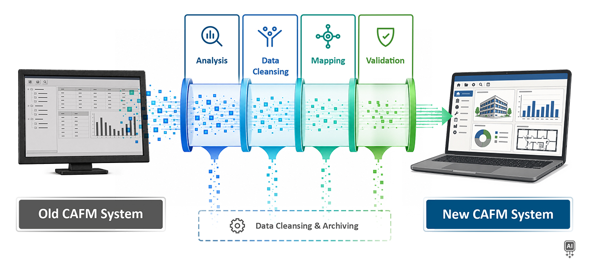 Illustration of a CAFM migration from an old to a new system through analysis, data cleansing, mapping and validation, including data cleansing and archiving.