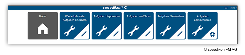 Standardmodul Instandhaltung in speedikon® C mit Kacheln für wiederkehrende Aufgaben, Disposition, Ausführung, Überwachung und Administration.