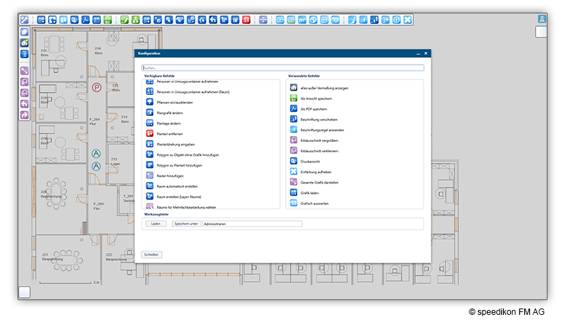 Modus Plus in speedikon® C mit erweiterten Grafik-Werkzeugen zur Bearbeitung eines 2D-Plans.