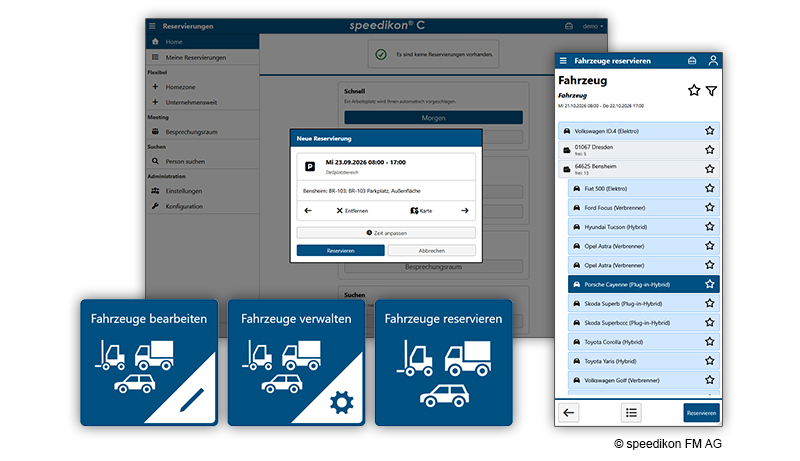Reservierungs- und Fuhrparkfunktionen in speedikon® C mit Kacheln zur Fahrzeugverwaltung und mobilen Fahrzeugreservierung.
