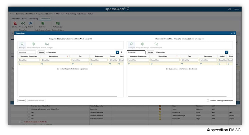 Dialog „Verwendung“ in speedikon® C zur Anzeige der Verknüpfungen und Verwendung von Datenreihen.